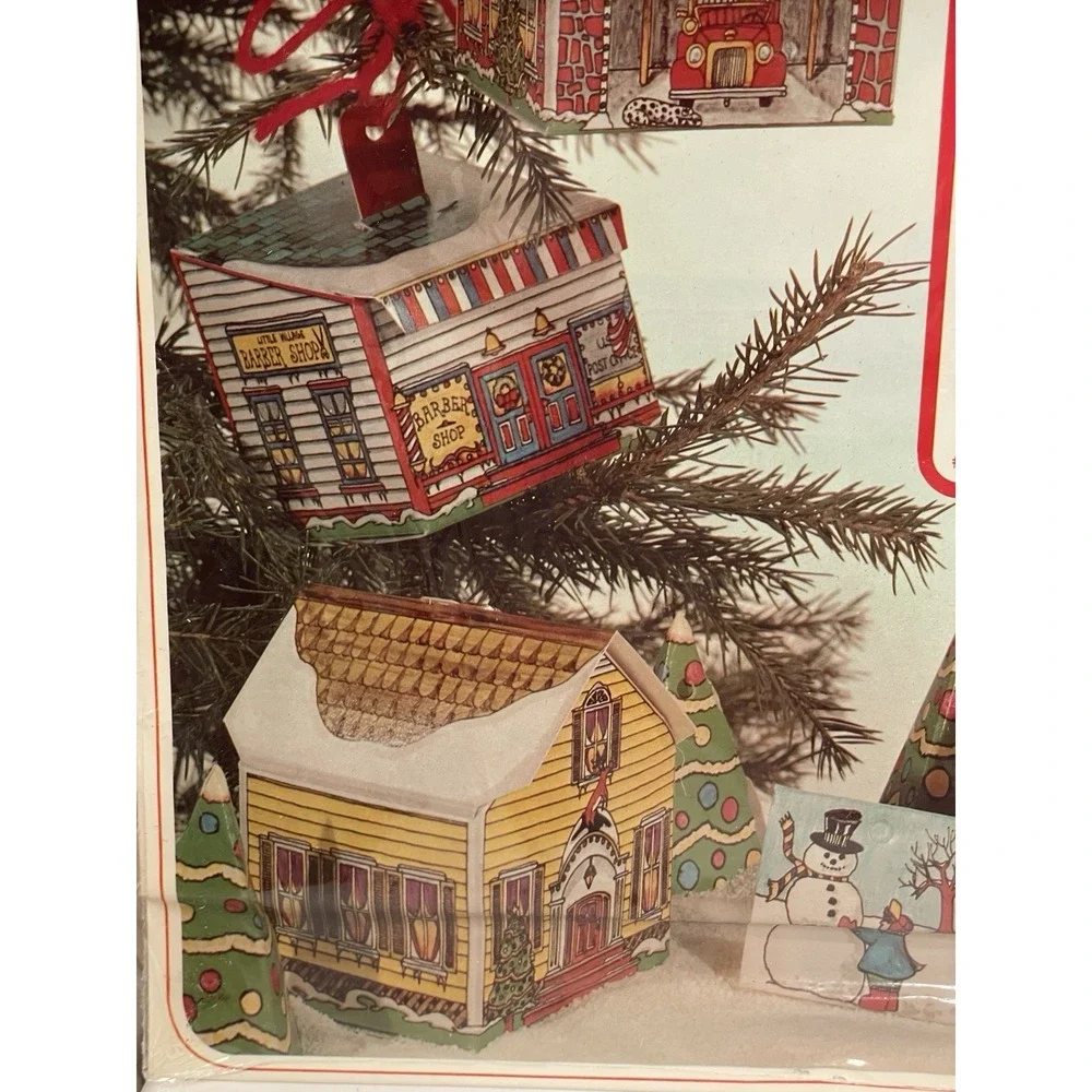 Vintage Little Village 16 Tree Ornaments Boxes Assemble Kits Cardboard Craft New